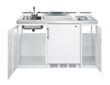 60" wide all-in-one kitchenette with 2-burner 115V smooth top cooktop, refrigerator-freezer, sink, and storage cabinet (
