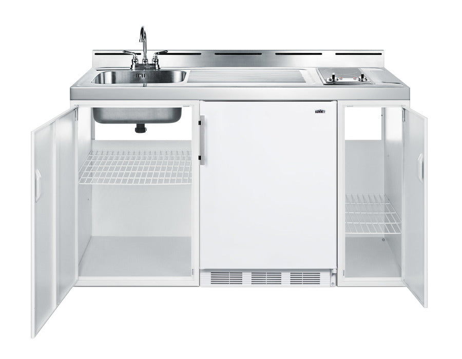 60" wide all-in-one kitchenette with 2-burner 115V smooth top cooktop, refrigerator-freezer, sink, and storage cabinet (