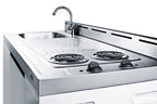 60" wide all-in-one kitchenette with 2-burner 115V coil cooktop, refrigerator-freezer, sink, and storage cabinet (Model C60EL) - Detail