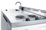 60" wide all-in-one kitchenette with 2-burner 115V coil cooktop, refrigerator-freezer, sink, and storage cabinet (Model C60EL) - Detail