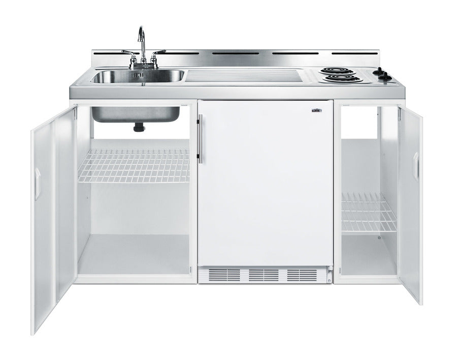 60" wide all-in-one kitchenette with 2-burner 115V coil cooktop, refrigerator-freezer, sink, and storage cabinet (Model C60EL) - Open