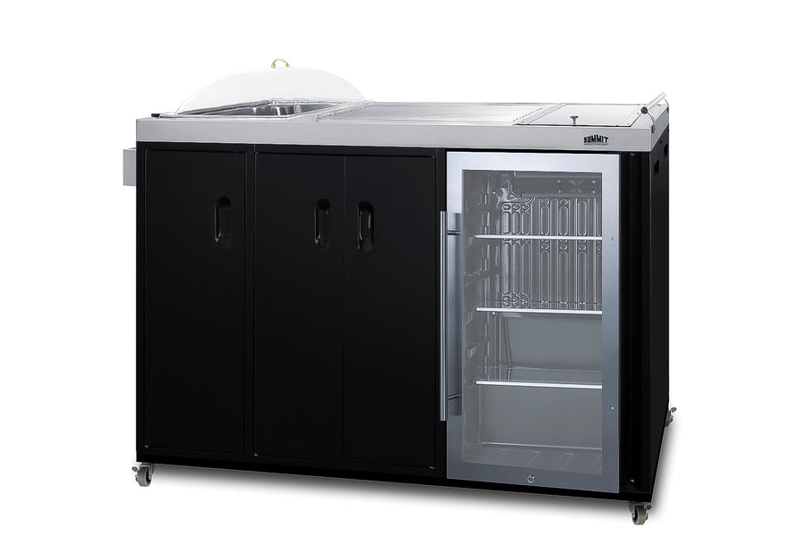 Mobile outdoor kitchenette with refrigerator, sink, storage cabinet, and slide-out waste bins (Model CARTOS54LG)