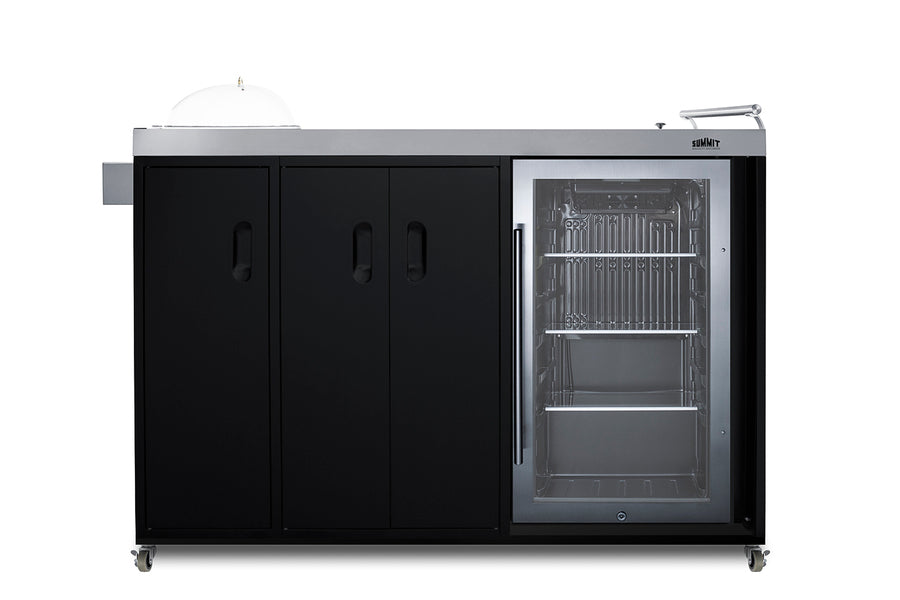 Mobile outdoor kitchenette with refrigerator, sink, storage cabinet, and slide-out waste bins (Model CARTOS54LG)
