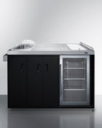 Mobile outdoor kitchenette with refrigerator, sink, storage cabinet, and slide-out waste bins (Model CARTOS54LG)