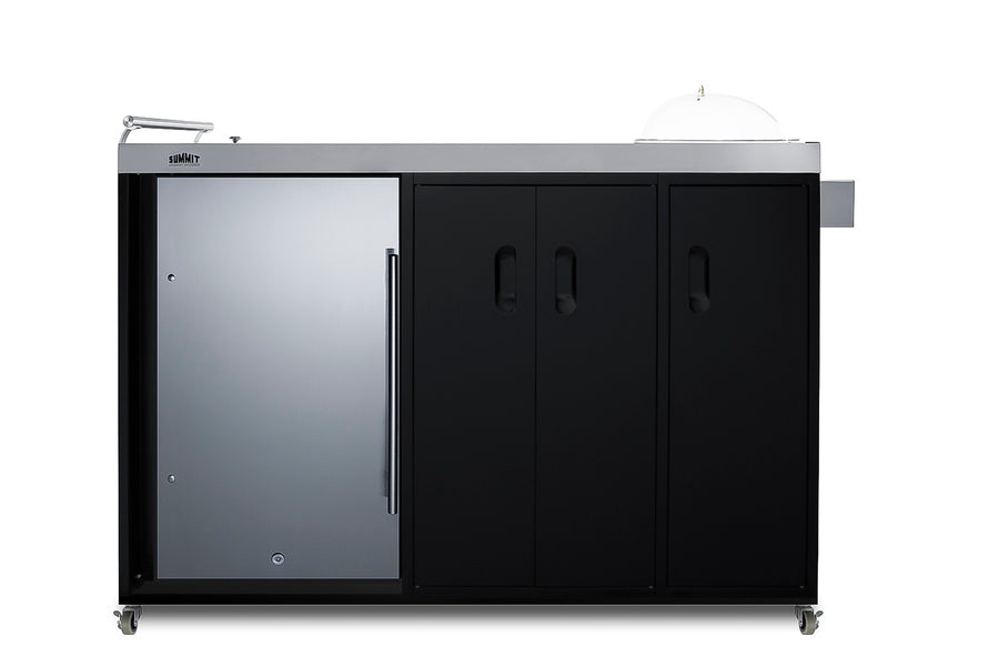 Mobile outdoor kitchenette with refrigerator, sink, storage cabinet, and slide-out waste bins (Model CARTOS54RS)