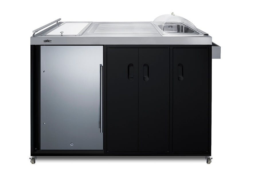 Mobile outdoor kitchenette with refrigerator, sink, storage cabinet, and slide-out waste bins (Model CARTOS54RS)