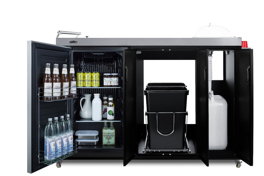 Mobile outdoor kitchenette with refrigerator, sink, storage cabinet, and slide-out waste bins (Model CARTOS54RS)