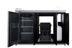 Mobile outdoor kitchenette with refrigerator, sink, storage cabinet, and slide-out waste bins (Model CARTOS54RS)