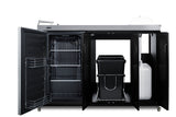 Mobile outdoor kitchenette with refrigerator, sink, storage cabinet, and slide-out waste bins (Model CARTOS54RS)