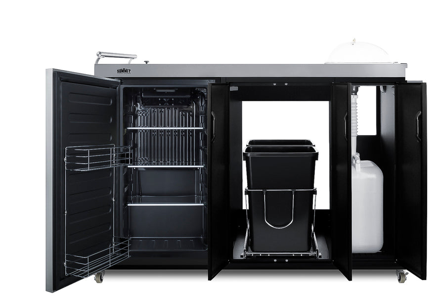 Mobile outdoor kitchenette with refrigerator, sink, storage cabinet, and slide-out waste bins (Model CARTOS54RS)