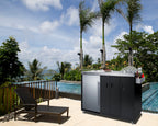 Mobile outdoor kitchenette with refrigerator, sink, storage cabinet, and slide-out waste bins (Model CARTOS54RG) - Set