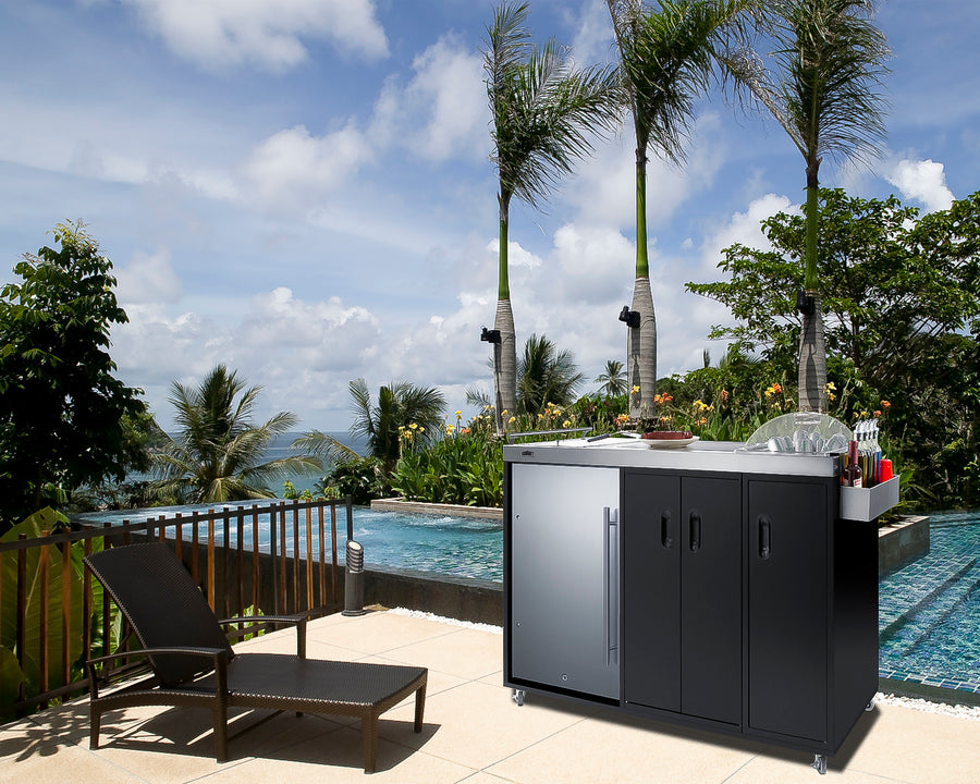 Mobile outdoor kitchenette with refrigerator, sink, storage cabinet, and slide-out waste bins (Model CARTOS54RG) - Set