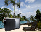 Accucold Mobile outdoor kitchenette with refrigerator, sink, storage cabinet, and slide-out waste bins (Model