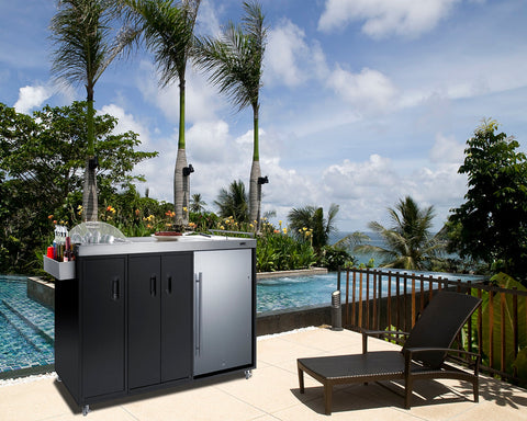 Accucold Mobile outdoor kitchenette with refrigerator, sink, storage cabinet, and slide-out waste bins (Model