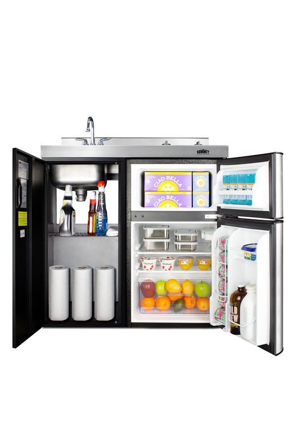 36" wide all-in-one kitchenette with 2-burner 115V smooth-top cooktop, refrigerator-freezer, sink, and storage cabinet - Full
