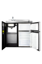 36" wide all-in-one kitchenette with 2-burner 115V coil cooktop, refrigerator-freezer, sink, and storage cabinet