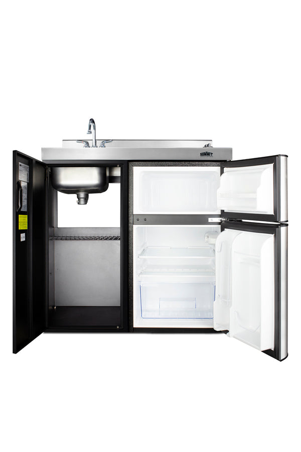 36" wide all-in-one kitchenette with 2-burner 115V coil cooktop, refrigerator-freezer, sink, and storage cabinet