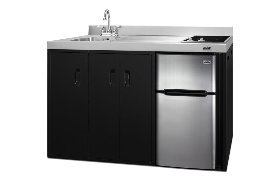 54" wide all-in-one kitchenette with 2-burner 115V smooth-top cooktop, refrigerator-freezer, sink on left side, and stor - Angle