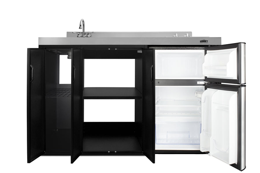 54" wide all-in-one kitchenette with 2-burner 115V smooth-top cooktop, refrigerator-freezer, sink on left side, and stor - Open