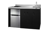 54" wide all-in-one kitchenette with 2-burner 115V smooth-top cooktop, refrigerator-freezer, sink on right side, and sto