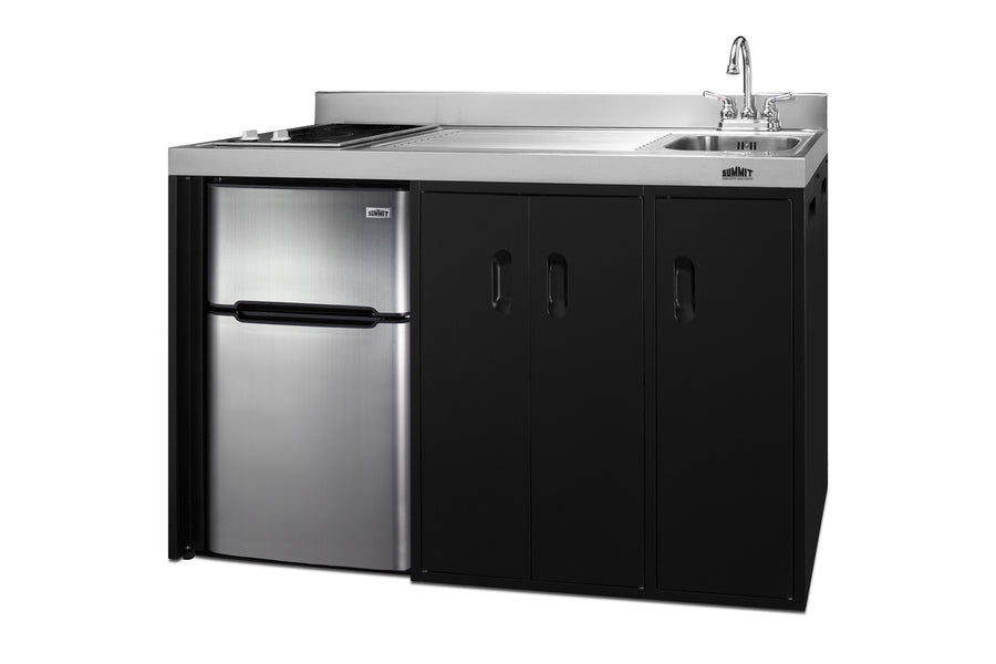 54" wide all-in-one kitchenette with 2-burner 115V smooth-top cooktop, refrigerator-freezer, sink on right side, and sto