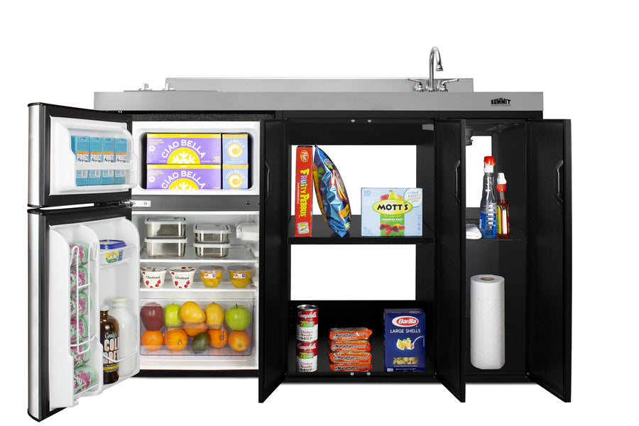 54" wide all-in-one kitchenette with 2-burner 115V smooth-top cooktop, refrigerator-freezer, sink on right side, and sto