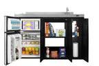 54" wide all-in-one kitchenette with 2-burner 115V smooth-top cooktop, refrigerator-freezer, sink on right side, and sto