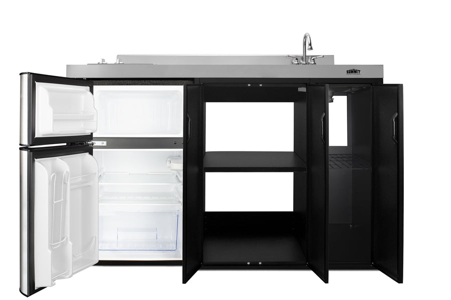 54" wide all-in-one kitchenette with 2-burner 115V smooth-top cooktop, refrigerator-freezer, sink on right side, and sto