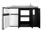54" wide all-in-one kitchenette with 2-burner 115V smooth-top cooktop, refrigerator-freezer, sink on right side, and sto