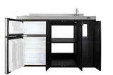 54" wide all-in-one kitchenette with 2-burner 115V smooth-top cooktop, refrigerator-freezer, sink on right side, and sto
