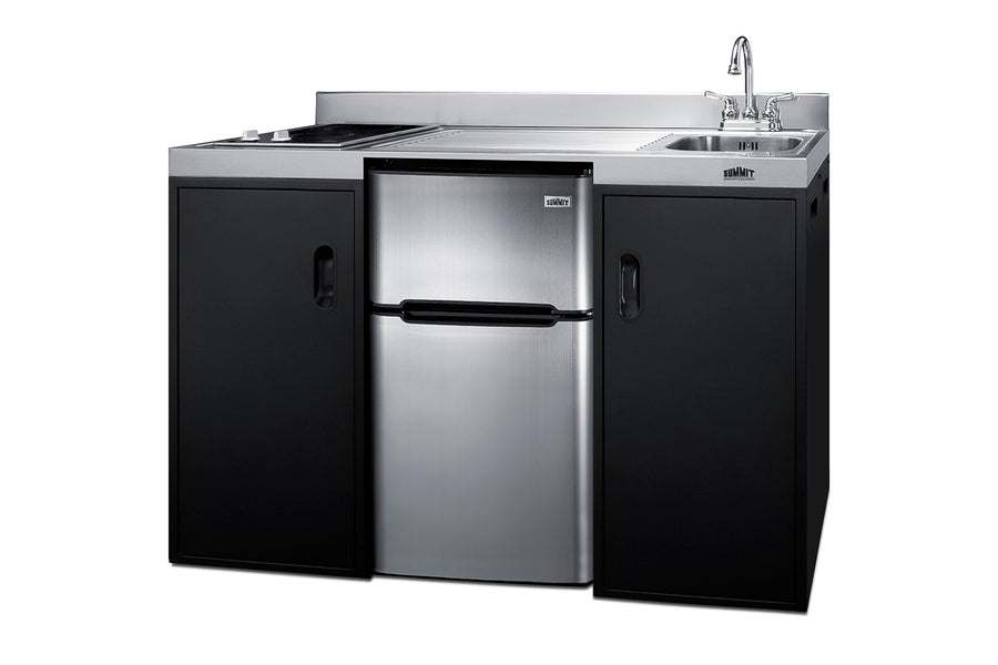 54" wide ADA height all-in-one kitchenette with 2-burner 115V smooth-top cooktop, refrigerator-freezer, sink on right si - Angle