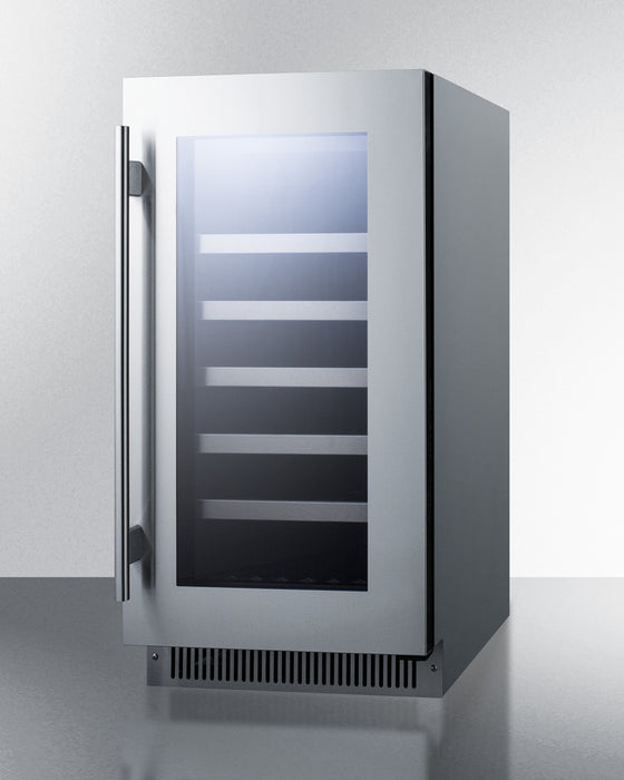 18" wide wine cellar for built-in or freestanding use with stainless steel cabinet, digital controls, and LED lighting