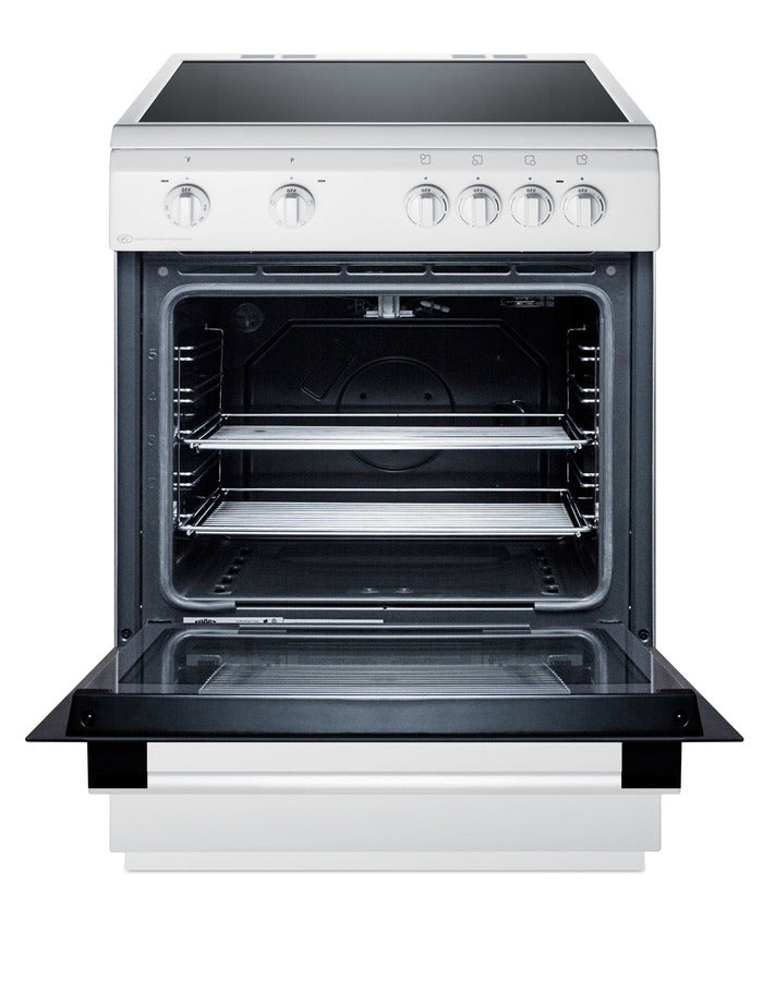 Accucold 24" Wide Smooth Top Electric Range in Slide-in Style and White Finish, with Storage Drawer and Large Oven Window in Blac