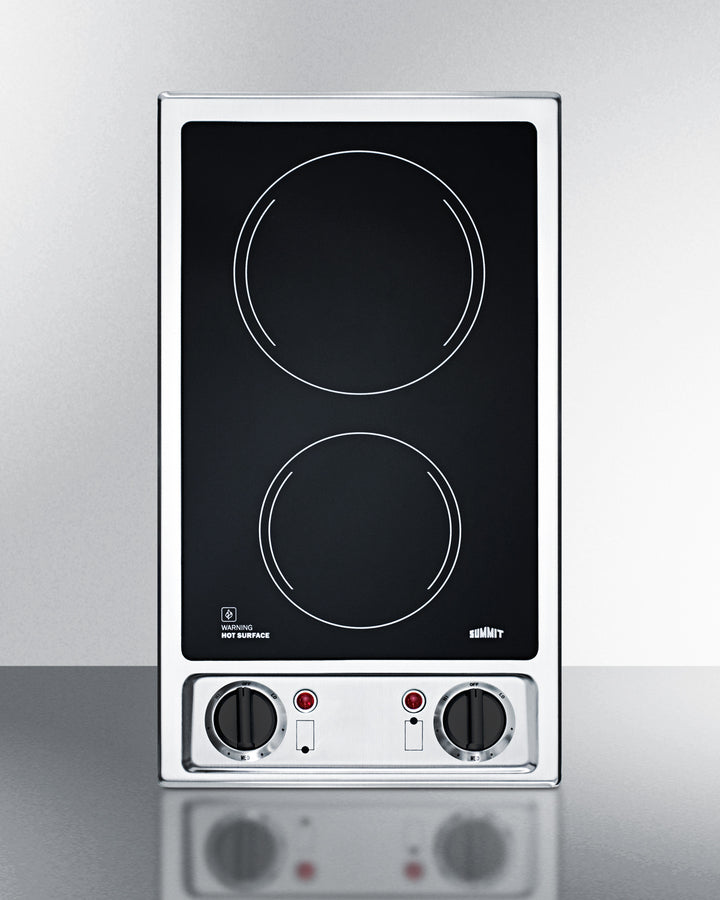 115V 2-burner radiant cooktop with smooth black ceramic glass surface and preinstalled cord