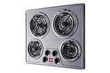 24" wide 230V electric cooktop with four coil elements and stainless steel finish