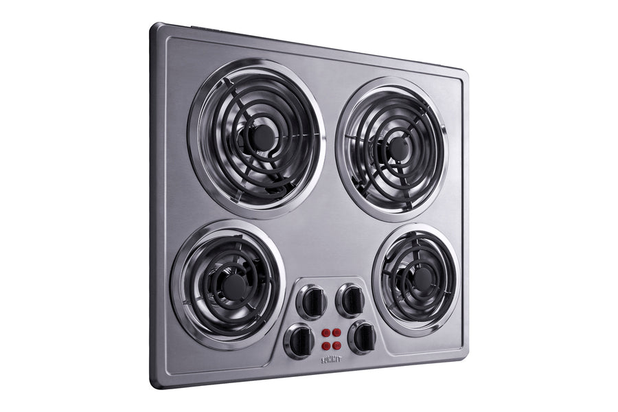 24" wide 230V electric cooktop with four coil elements and stainless steel finish