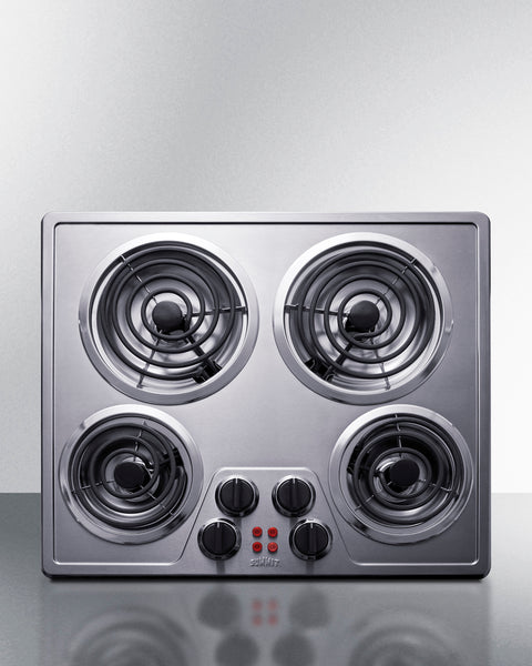 24" wide 230V electric cooktop with four coil elements and stainless steel finish