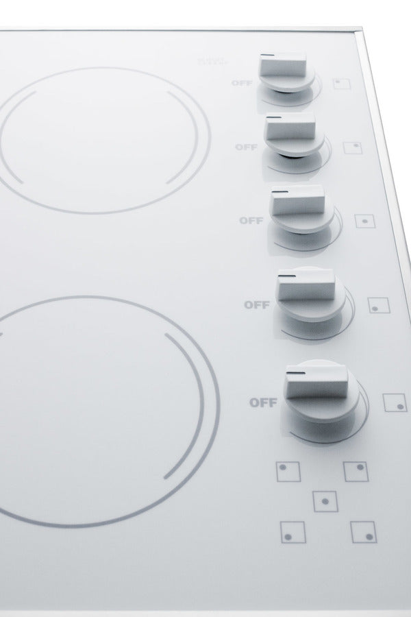 Accucold 27" wide 5-burner radiant cooktop made in the USA in smooth white ceramic glass finish
