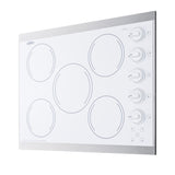 Accucold 27" wide 5-burner radiant cooktop made in the USA in smooth white ceramic glass finish and oversized SS trim