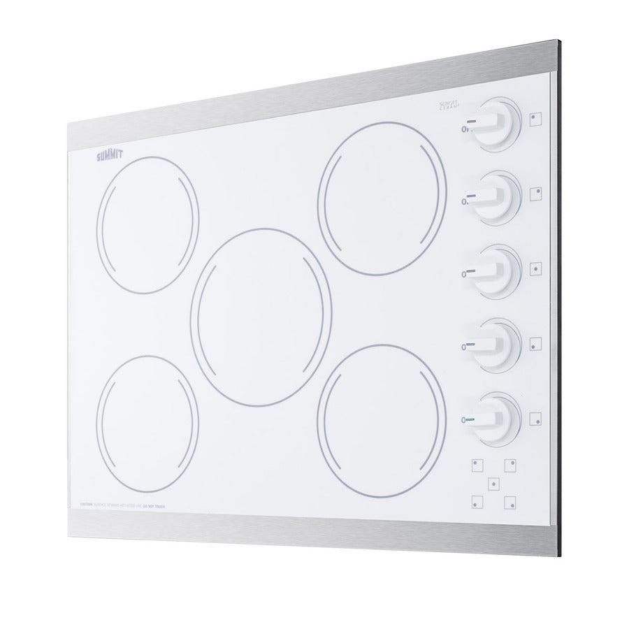 Accucold 27" wide 5-burner radiant cooktop made in the USA in smooth white ceramic glass finish and oversized SS trim