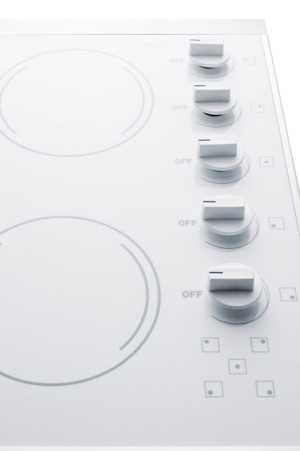 Accucold 27" wide 5-burner radiant cooktop made in the USA in smooth white ceramic glass finish and oversized SS trim