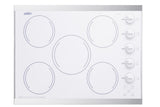 Accucold 27" wide 5-burner radiant cooktop made in the USA in smooth white ceramic glass finish and oversized SS trim