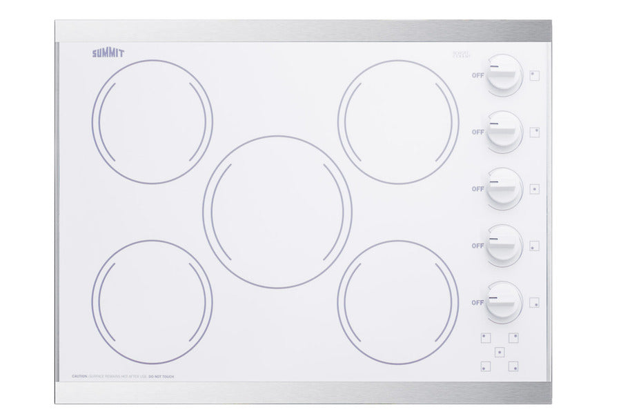 Accucold 27" wide 5-burner radiant cooktop made in the USA in smooth white ceramic glass finish and oversized SS trim