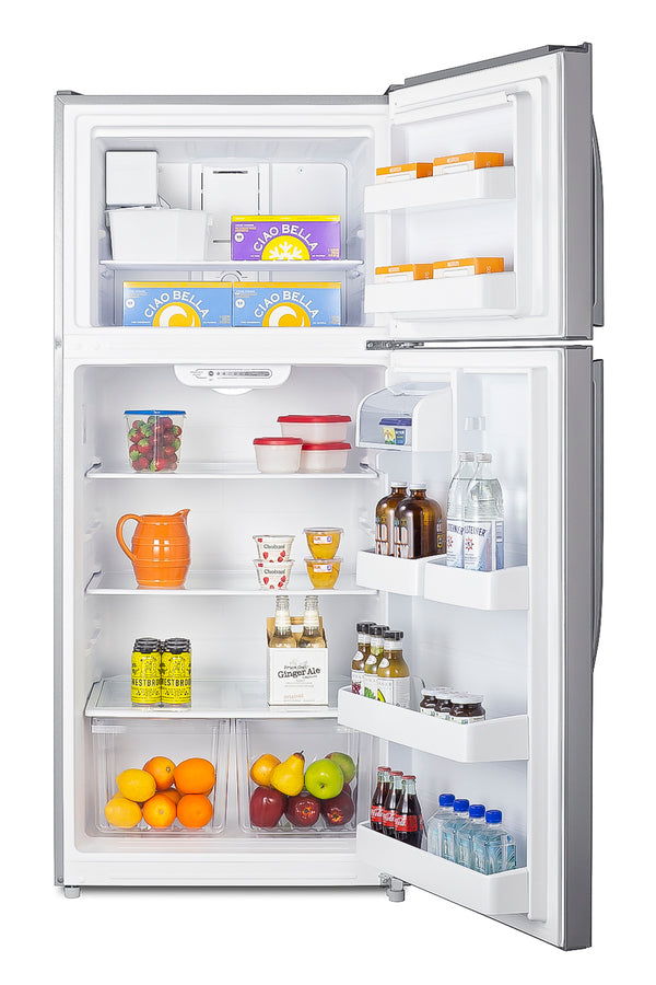 Accucold Full-size top mount refrigerator-freezer in stainless steel look with icemaker (Model CTR18PLIM)