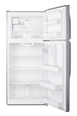 Accucold Full-size top mount refrigerator-freezer in stainless steel look with icemaker (Model CTR18PLIM)