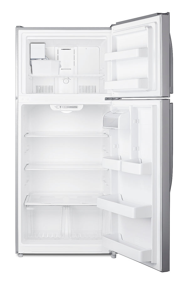Accucold Full-size top mount refrigerator-freezer in stainless steel look with icemaker (Model CTR18PLIM)