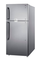 Accucold Full-size top mount refrigerator-freezer in stainless steel look with front combination lock (Model CTR18PLLLF2)