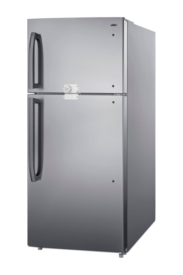 Accucold Full-size top mount refrigerator-freezer in stainless steel look with front combination lock (Model CTR18PLLLF2)