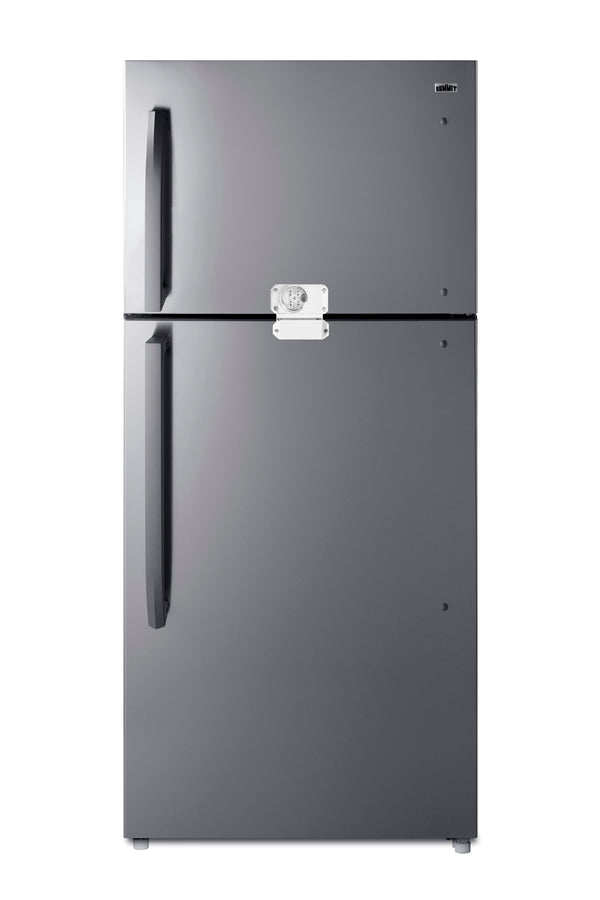 Accucold Full-size top mount refrigerator-freezer in stainless steel look with front combination lock (Model CTR18PLLLF2)
