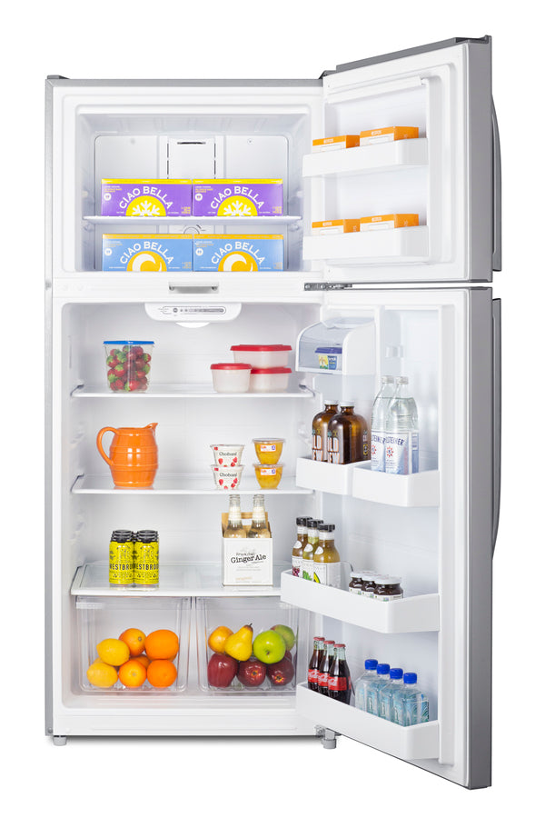 Accucold Full-size top mount refrigerator-freezer in stainless steel look with front combination lock (Model CTR18PLLLF2)